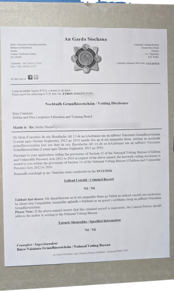 Garda National Vetting Bureau — Vetting Disclosure (clear; personal data redacted)
